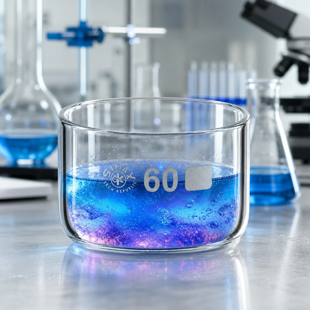 Simax Kristallisierschale 60ml Czech Republic Laborumgebung mit blauen Reagenzgläsern