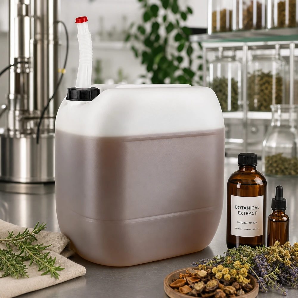 Transluzenter 30L Kanister mit Flex-Rohr und roter Kappe für ätherische Öle und Tinkturen