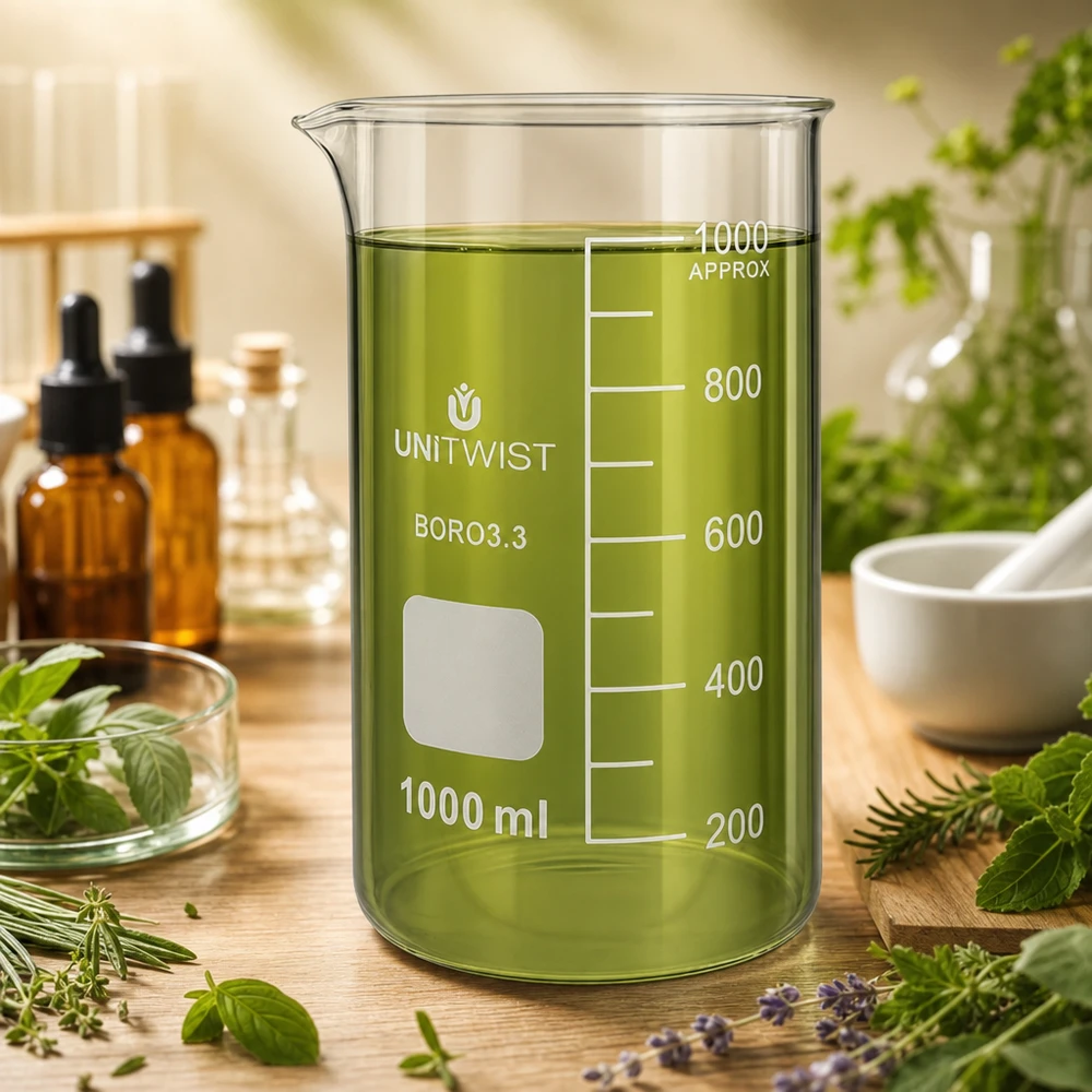 UNITWIST Borosilikat Becherglas 1000ml hohe Form mit Kräuteranwendung und Tropfflaschen im Hintergrund