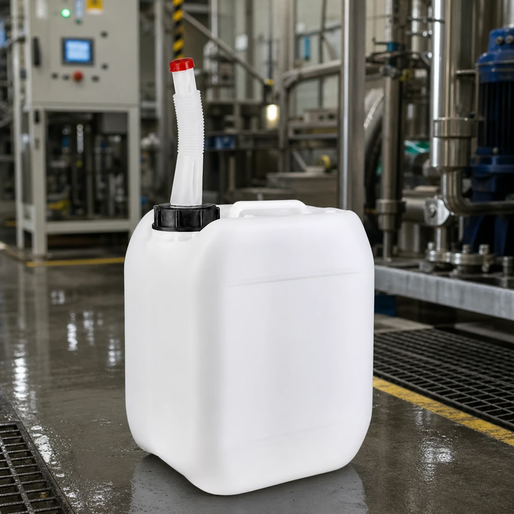 Robuster Flüssigkeitskanister 5 Liter mit Flex-Ausgießer vor industriellen Edelstahlanlagen