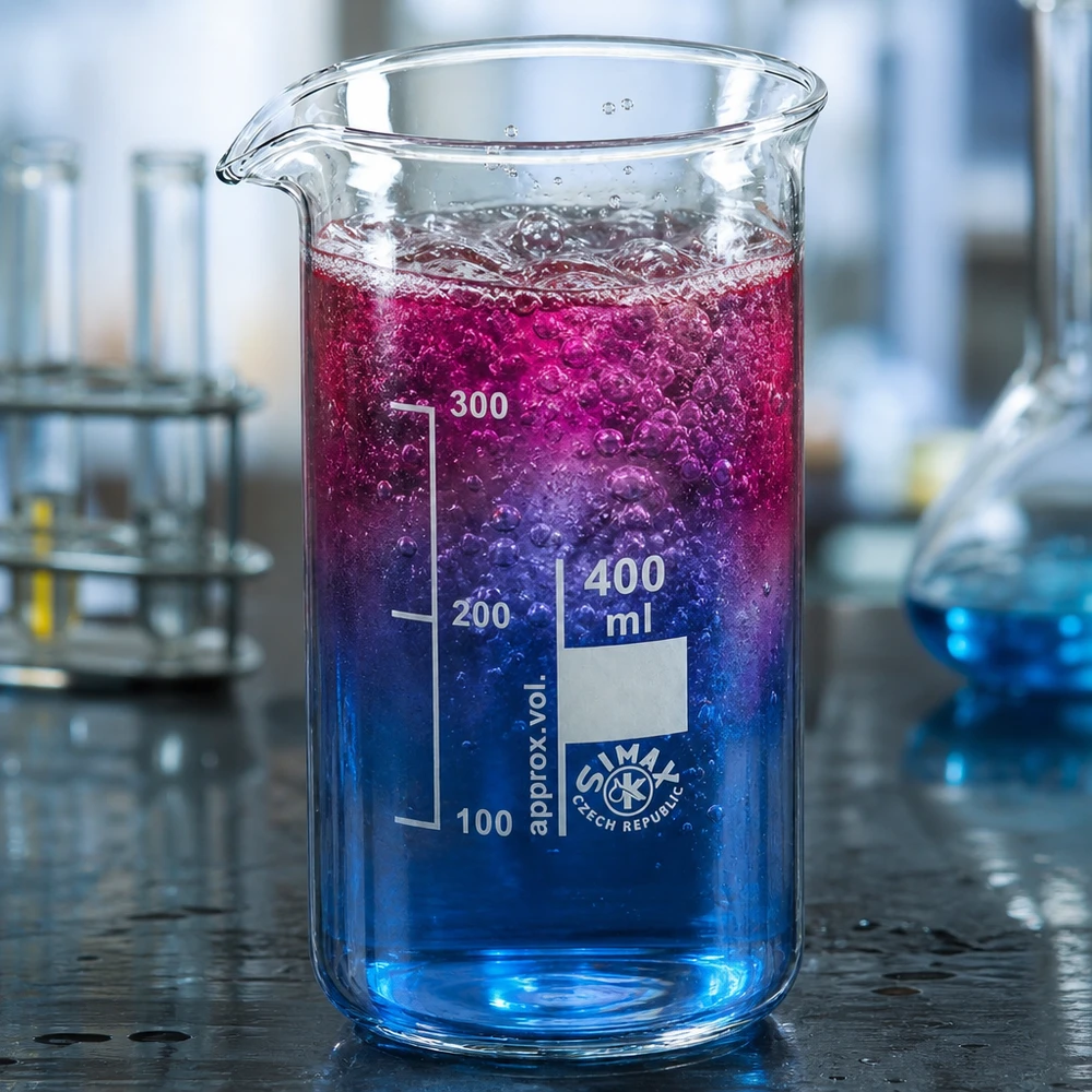 Transparentes Becherglas 400ml hohe Form zeigt schäumende Mehrfarbenreaktion im Labor