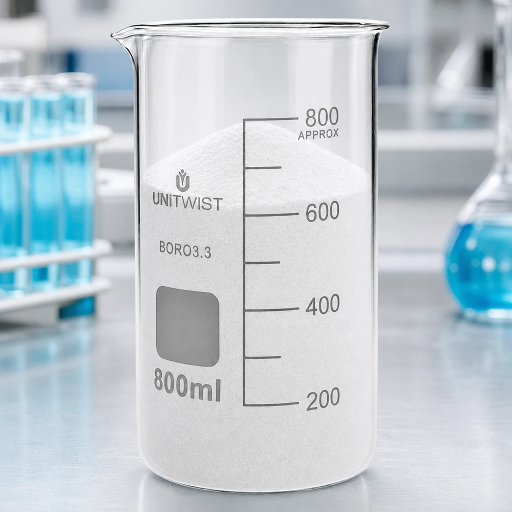 UNITWIST Becherglas 800ml hohes Modell Borosilikat mit weißem Chemikalienpulver befüllt