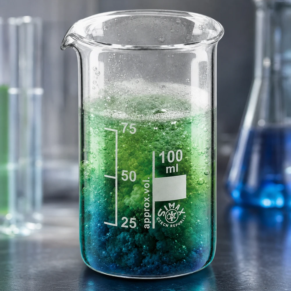 Becherglas 100ml Borosilikatglas, hohe Form Transparentes Borosilikatglas 100ml hohe Form mit mehrschichtigem blau-grünem Reaktionsgemisch