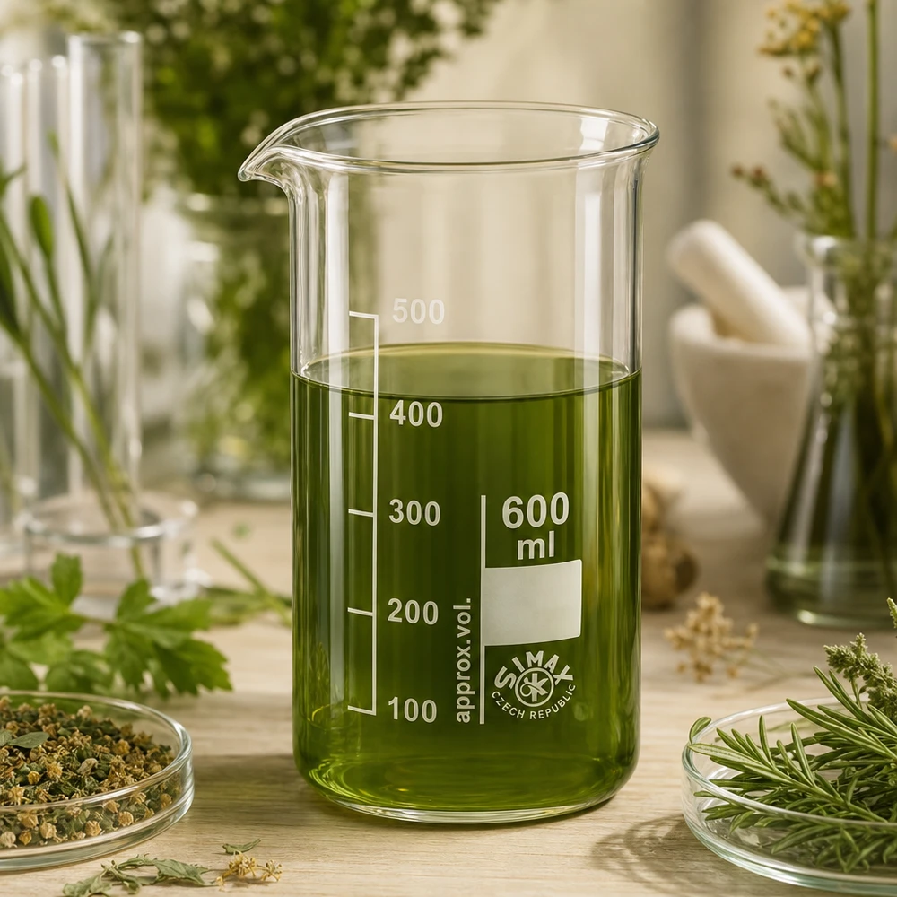 Becherglas 600ml hohe Form aus Borosilikatglas mit grüner Lösung auf Holzunterlage im Naturlabor