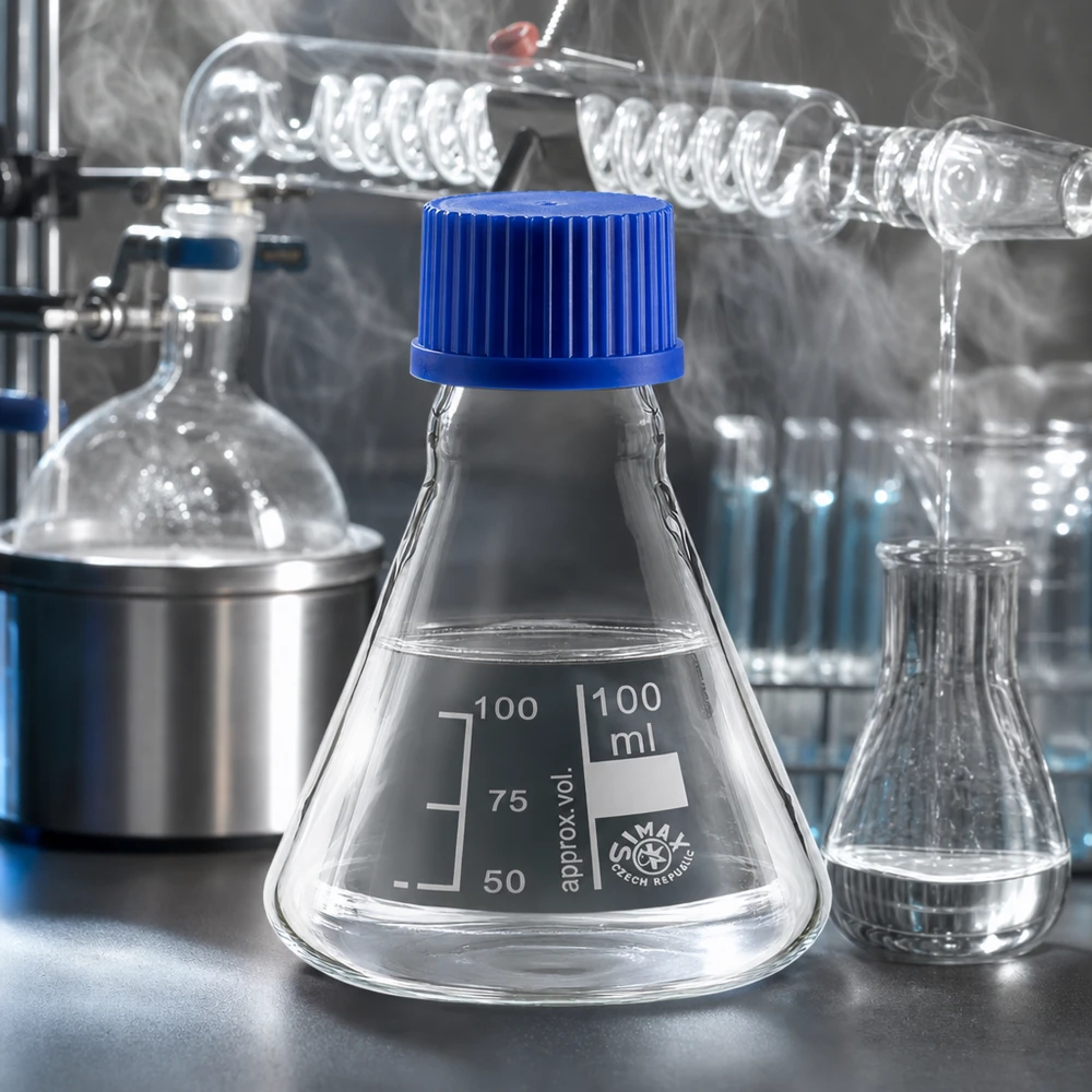 Erlenmeyerkolben 100ml mit breitem Boden für stabilen Stand und blaue Schraubkappe