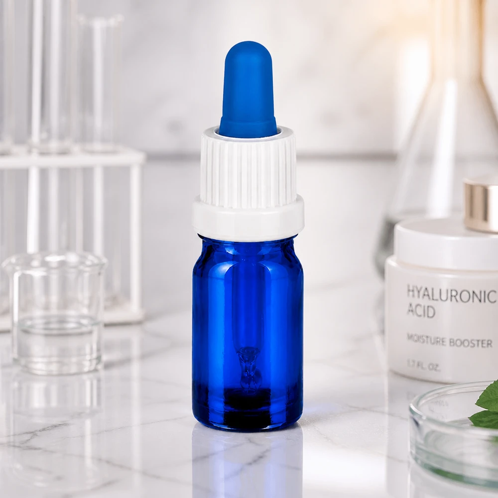 5ml Pipettenflasche weiß/blau Originalitätsverschluss BlueLine UT18/5 UV-schützende blaue 5ml Pipettenflasche mit weißem Tropfverschluss für lichtempfindliche Substanzen