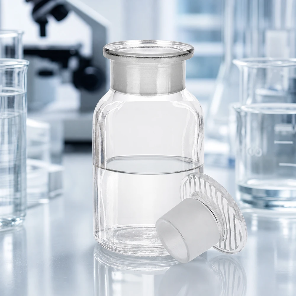 Rundschulterfl. 100ml klar Weithals Glasstopfen Laborglasflasche Rundschulter 100ml klar Weithals mit aufsitzendem Glasstopfen säurefest