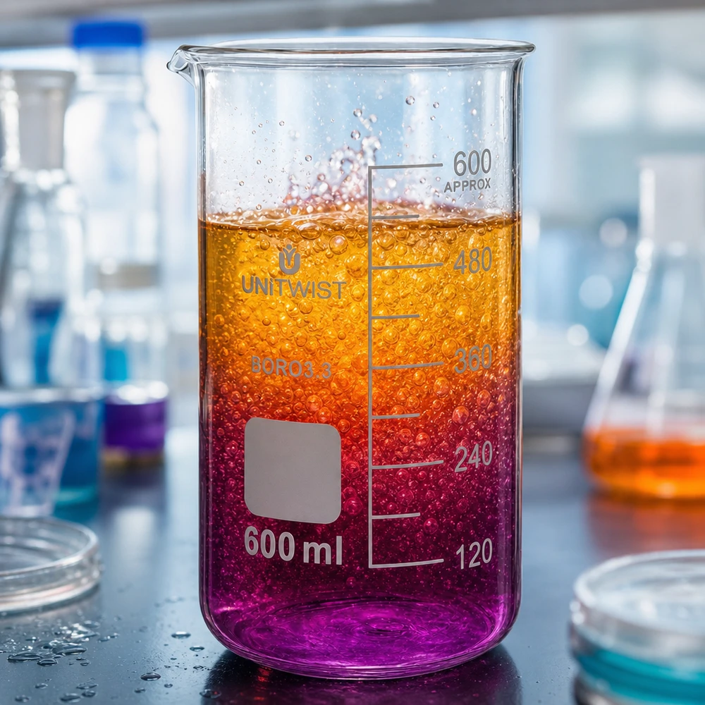 Becherglas 600ml hohe Form UNITWIST Boro 3.3 mit zweifarbigem Flüssigkeitsinhalt pink orange