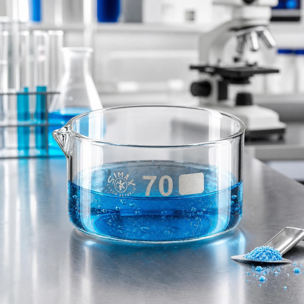 100ml Kristallisierschale mit Ausguss Borosilikat ø70mm Weitflächige Glasschale 70mm mit Ausguss für Verdampfungs und Kristallisationsversuche im Chemielabor