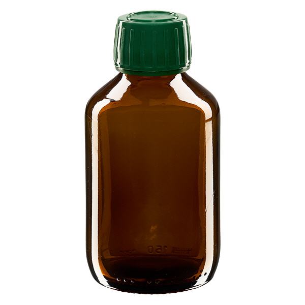 150ml Medizinflasche braun, Verschluss grün mit Originalitätsring ApoGlas 150ml Medizinflasche braun, Verschluss grün mit Originalitätsring ApoGlas