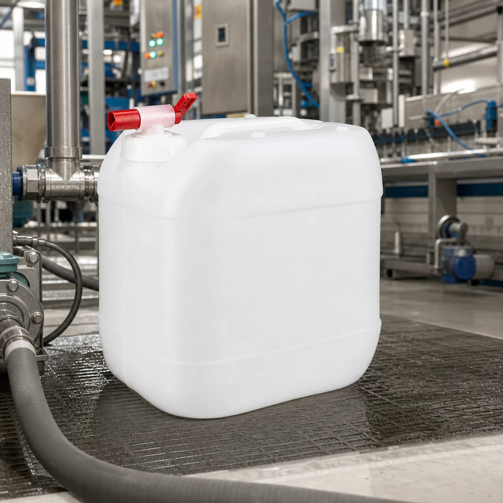 Kanister 15 Liter mit Auslaufhahn Robuster Weithalsbehälter 15L mit rotem Ablasshahn auf rutschfester Gummimatte im Werk