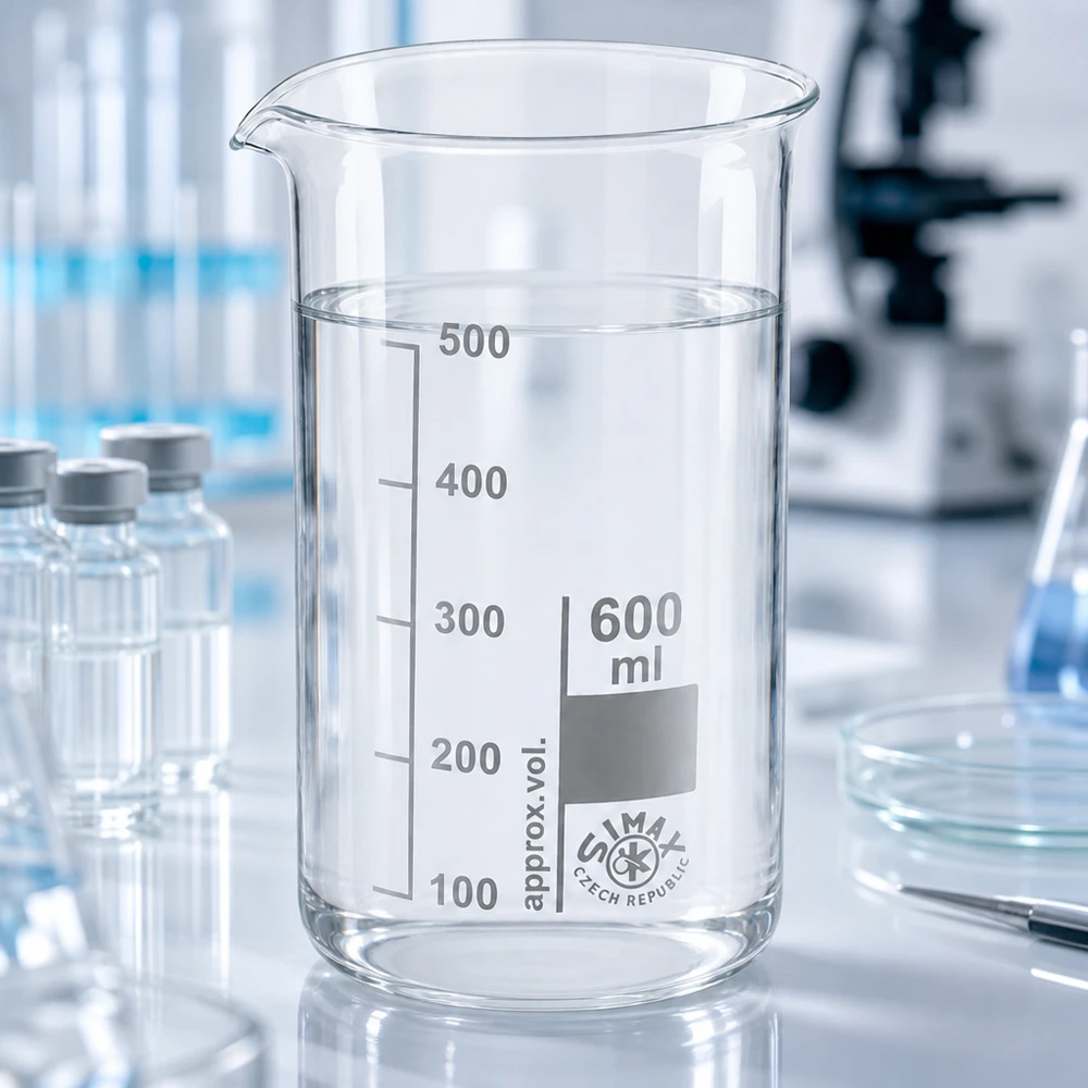 Simax Becherglas 600ml hohe Form mit präziser Volumenmarkierung auf weißer Laborarbeitsfläche