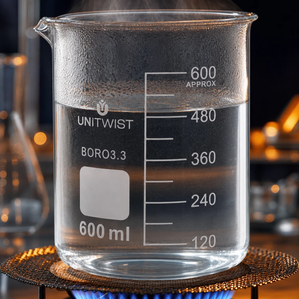 UNiTWIST 600ml Becherglas kochend auf Brenner mit Wasserdampf und Skalierung bis 600ml