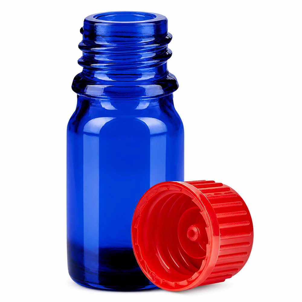 Handliche 5ml Flasche aus blauem Borosilikatglas mit kindersicherem roten Verschluss