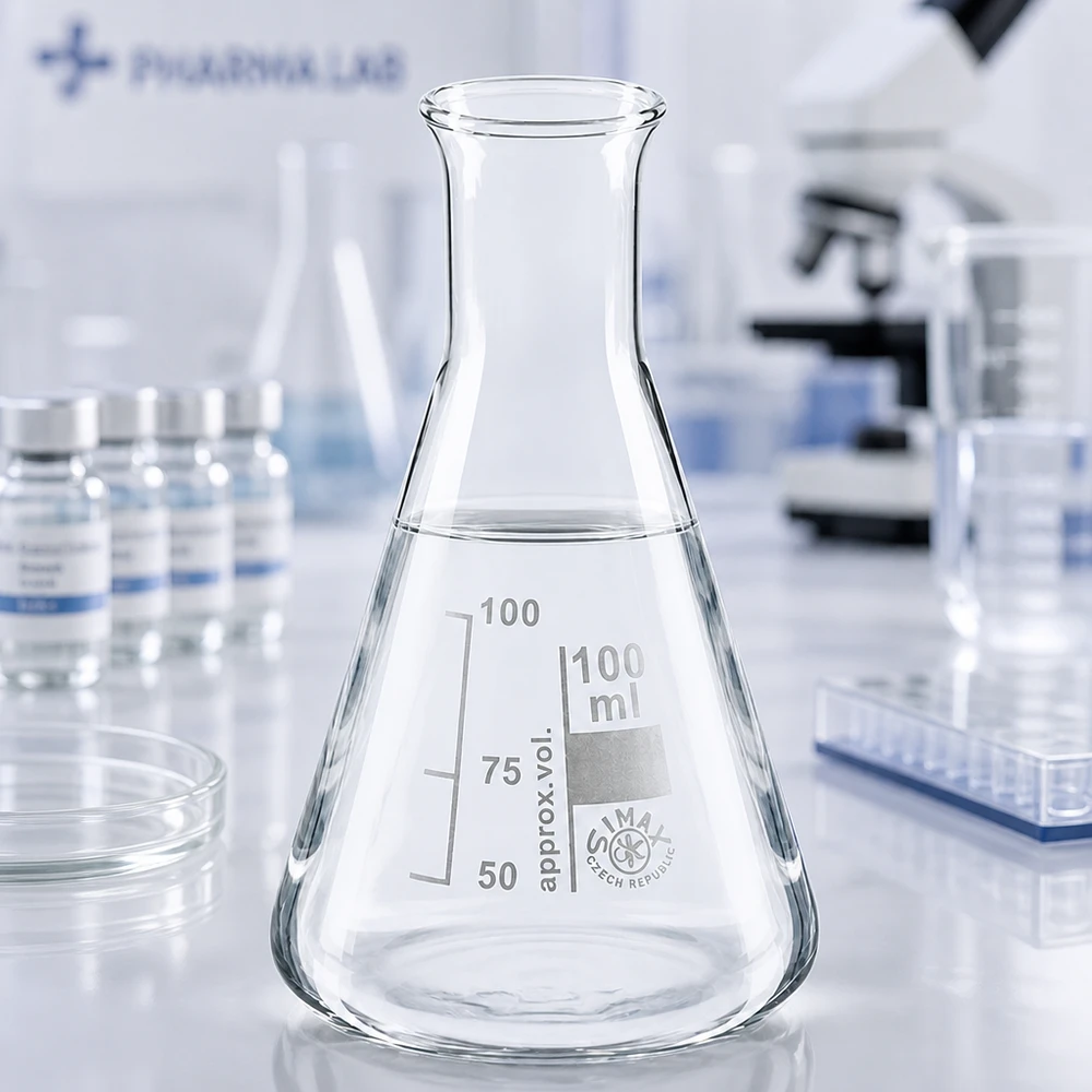 Erlenmeyerkolben 100ml Enghals Stabiler Erlenmeyerkolben 100ml Enghals mit breitem Boden für sicheren Stand auf dem Labortisch