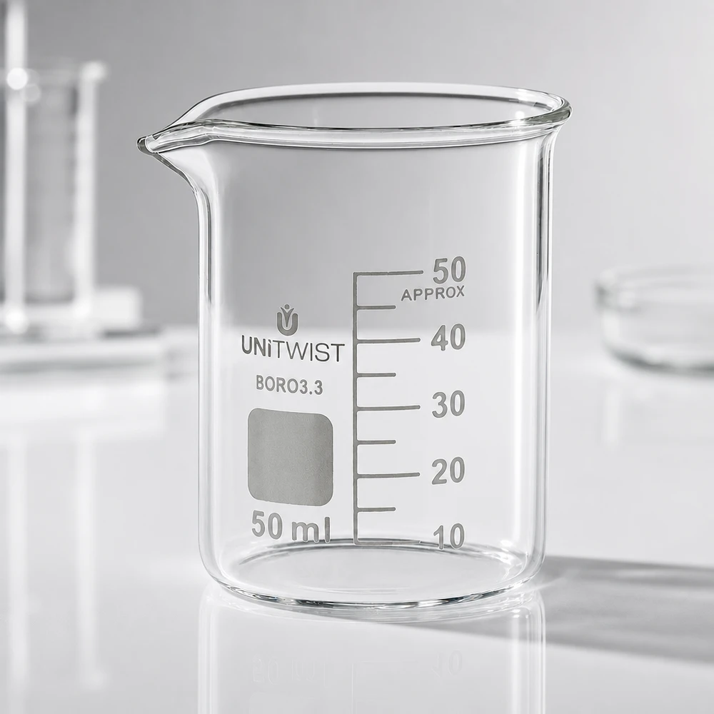 Nahaufnahme Skalierung Becherglas 50ml UNiTWIST niedrige Form APPROX Markierung Borosilikatglas