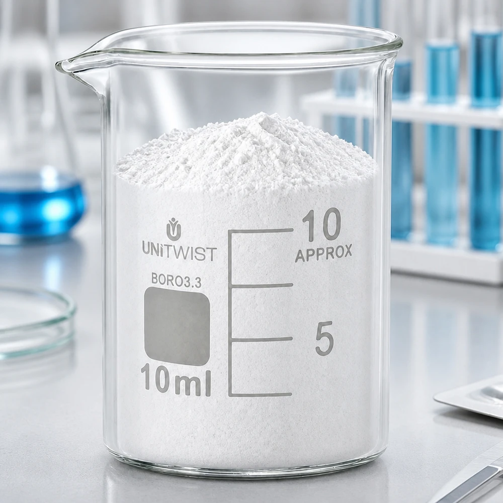 Chemielabor Becherglas UNiTWIST 10ml niedriger Bauform mit weißem Feststoff befüllt