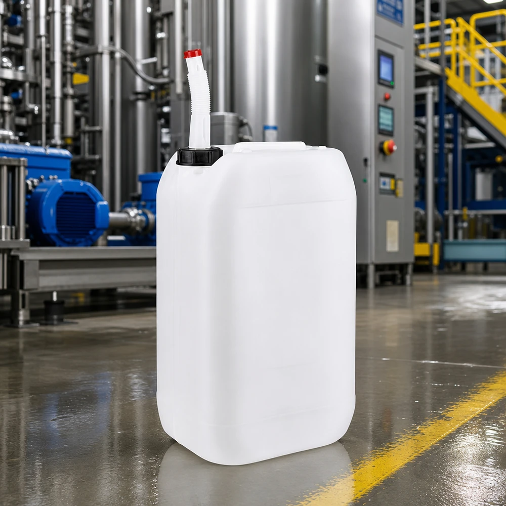 Robuster 15 Liter Kanister mit roter Kappe und flexiblem Ausgießer für Industrie