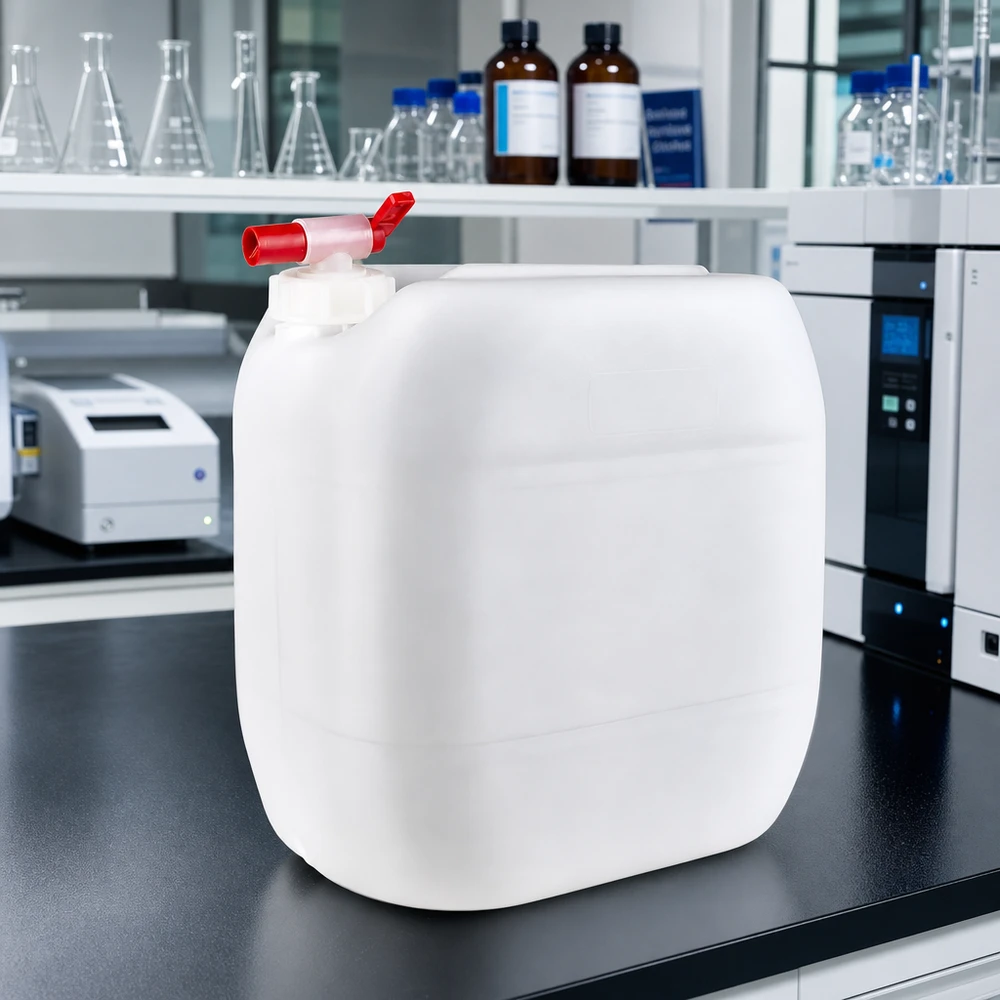 Weißer Lagerkanister 30 Liter mit Auslaufhahn für sichere Chemikalienaufbewahrung im Labor