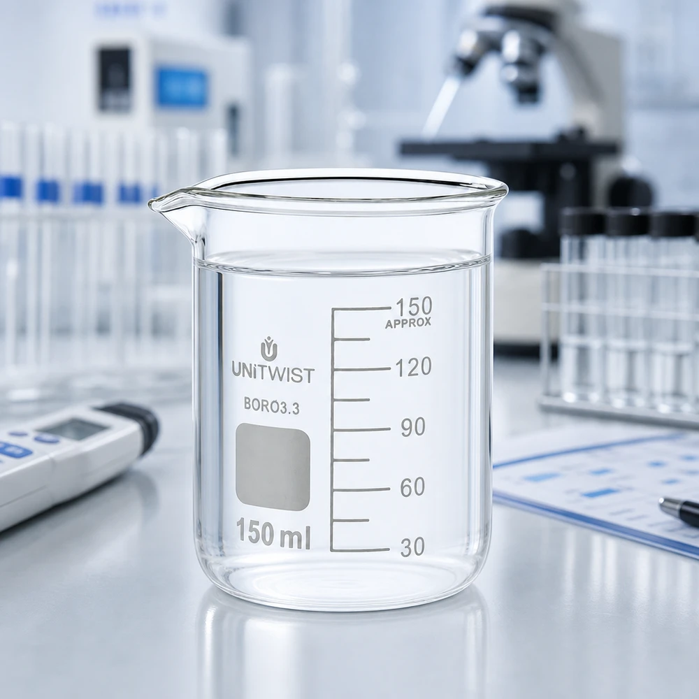 UNiTwist Becherglas 150ml niedr Form Borosilikat mit Reagenzgläsern und pH-Meter im Labor
