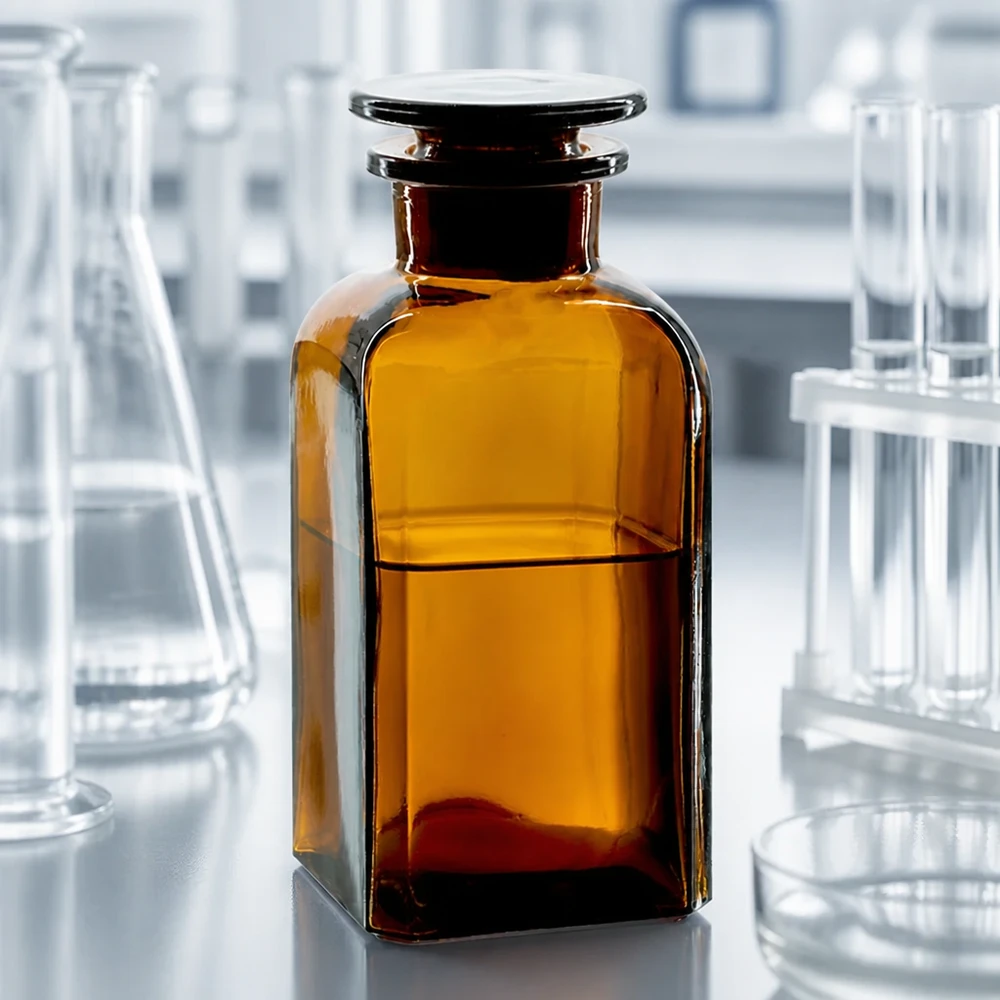Vierkantflasche 350ml Weithals braun mit eingeschliffenem Glasstopfen zur sicheren Lagerung von Lösungen