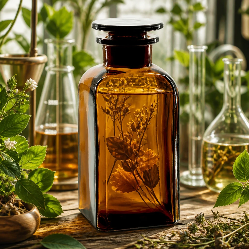 Historische Apothekerflasche 350ml braun quadratisch Glasstopfen umgeben von frischen Kräutern