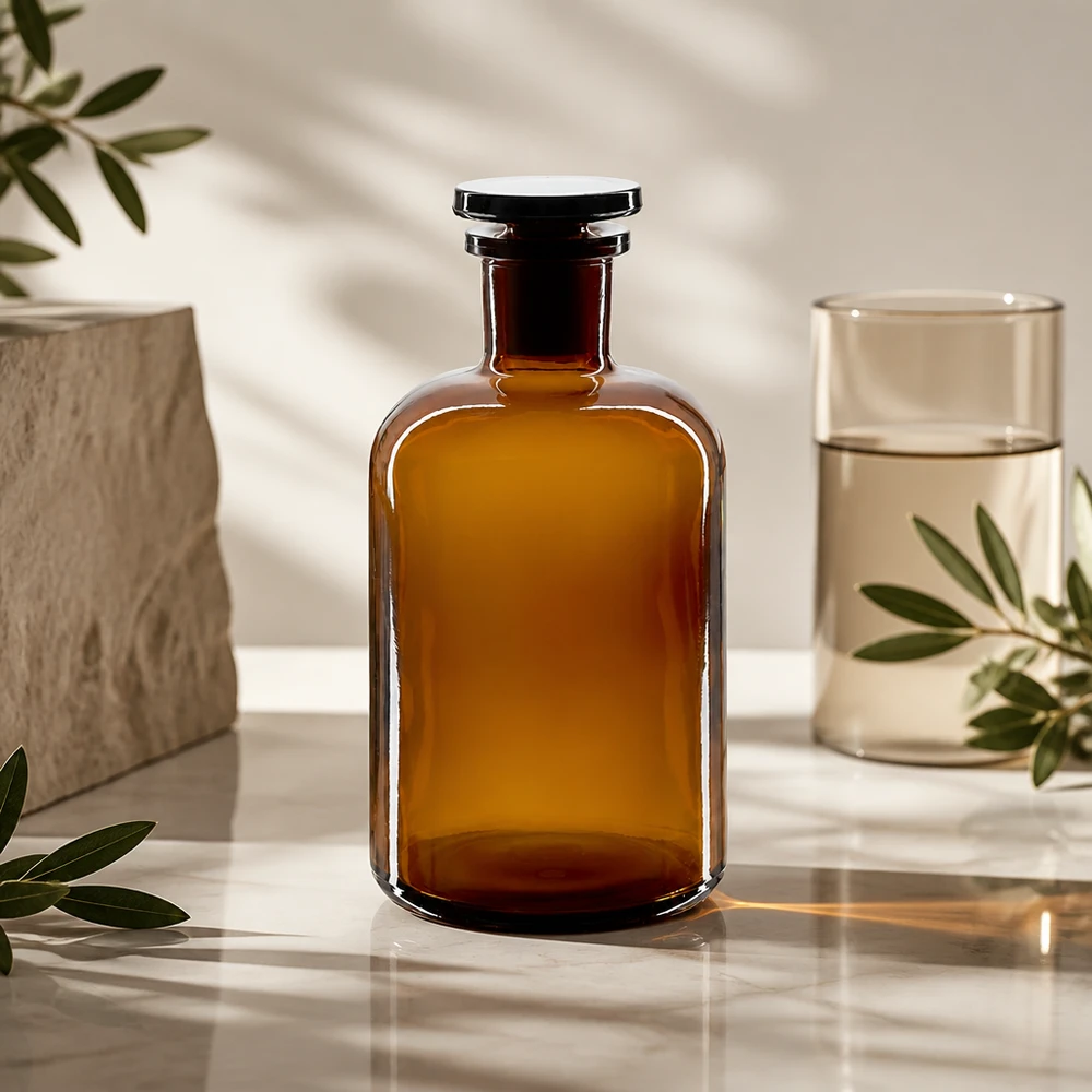 Rundschulterfl. 500ml braun Enghals Glasstopfen Chemikalienflasche 500ml bernsteinfarben Enghals Rundschulter mit Glasstopfen stabil