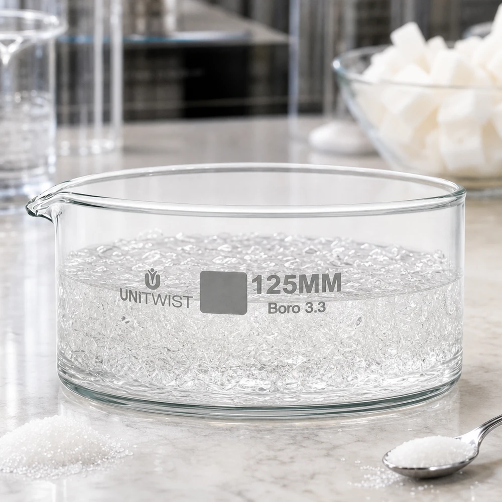 Kristallisierschale ø125mm Borosilikatglas UNiTWIST Flache Glasschale UNiTWIST 125mm Borosilikatglas Boro 3.3 mit niedrigem zylindrischem Rand
