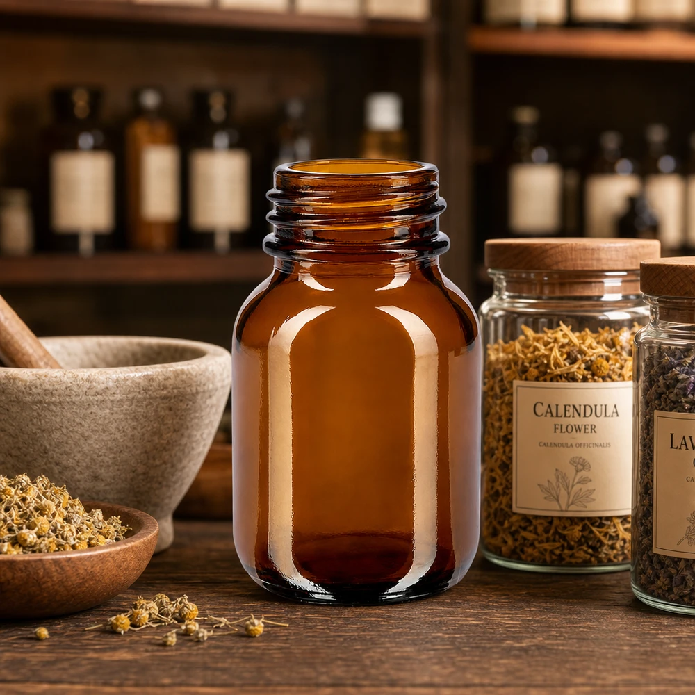 50ml Weithalsflasche Braunglas Vielseitige 50ml Weithalsflasche aus dunklem Glas für Heilkräuter und natürliche Präparate