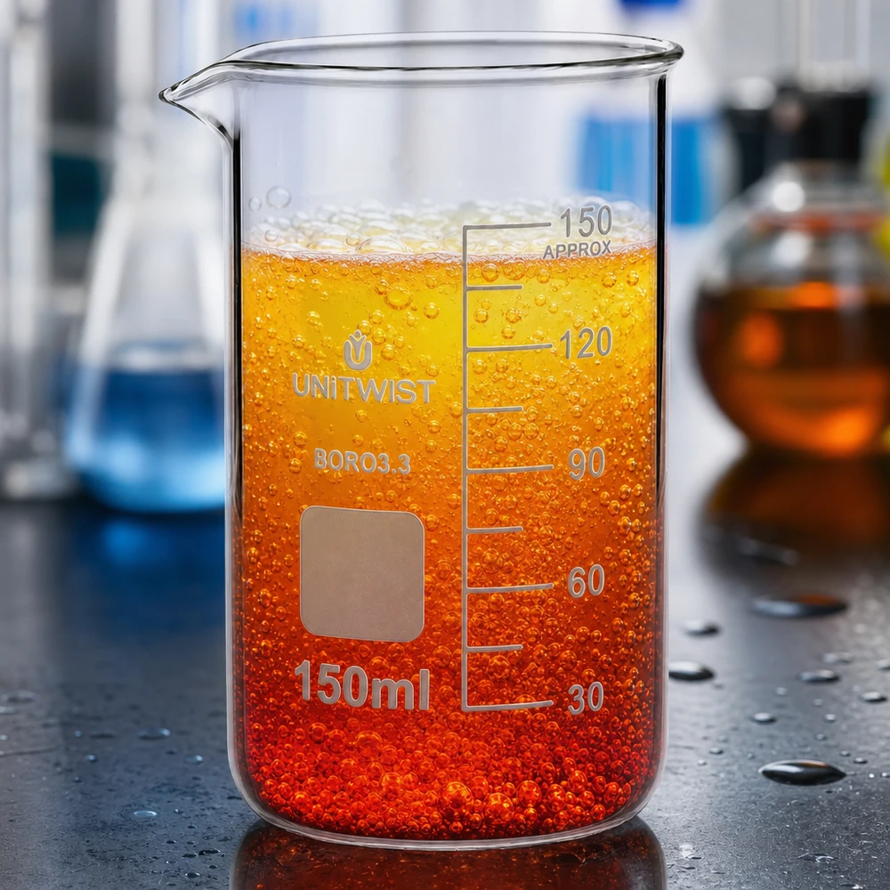 Becherglas 150ml Borosilikat, hohe Form UNiTWIST Laborbecher UNITWIST 150ml Borosilikat 3.3 hohe Form mit reaktiver oranger Flüssigkeit und Schaum