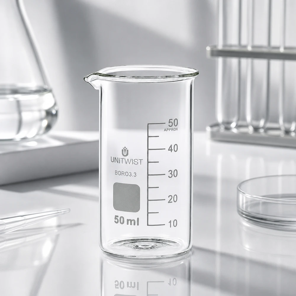 Klares Becherglas 50ml hohe Form UNITWIST Borosilikat neben Erlenmeyerkolben im Laborstudio