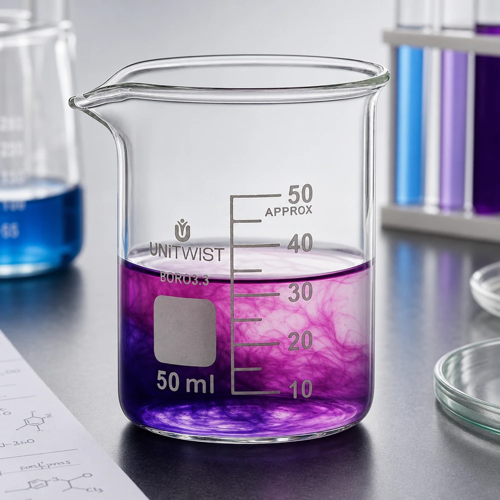 Graduiertes 50ml Becherglas niedrige Form UNiTWIST mit Kristallviolett auf Labortisch