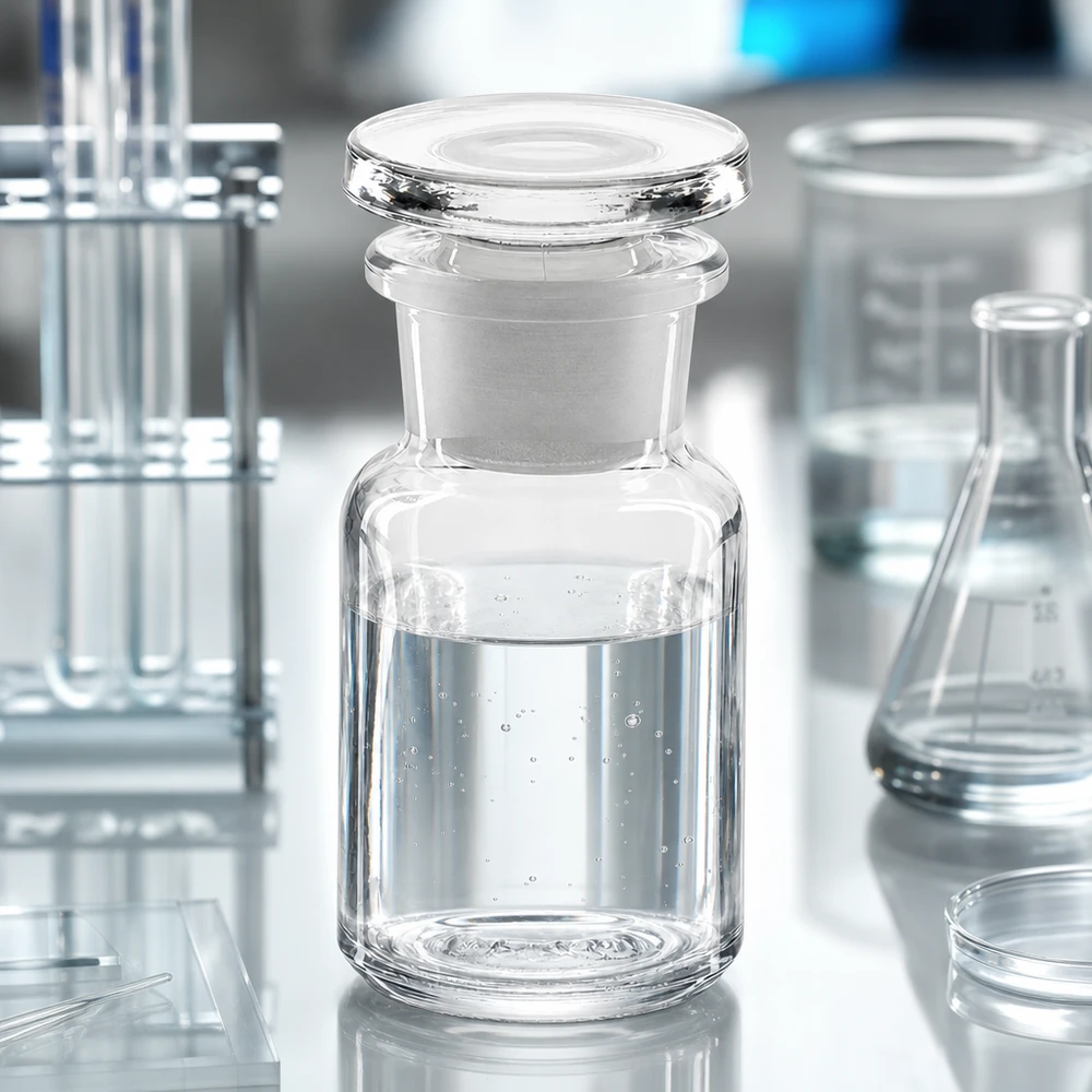Rundschulterfl. 50ml klar Weithals Glasstopfen Kompakte Laborflasche 50ml mit Glasstopfen und Weithalsöffnung umgeben von Laborglasgeräten