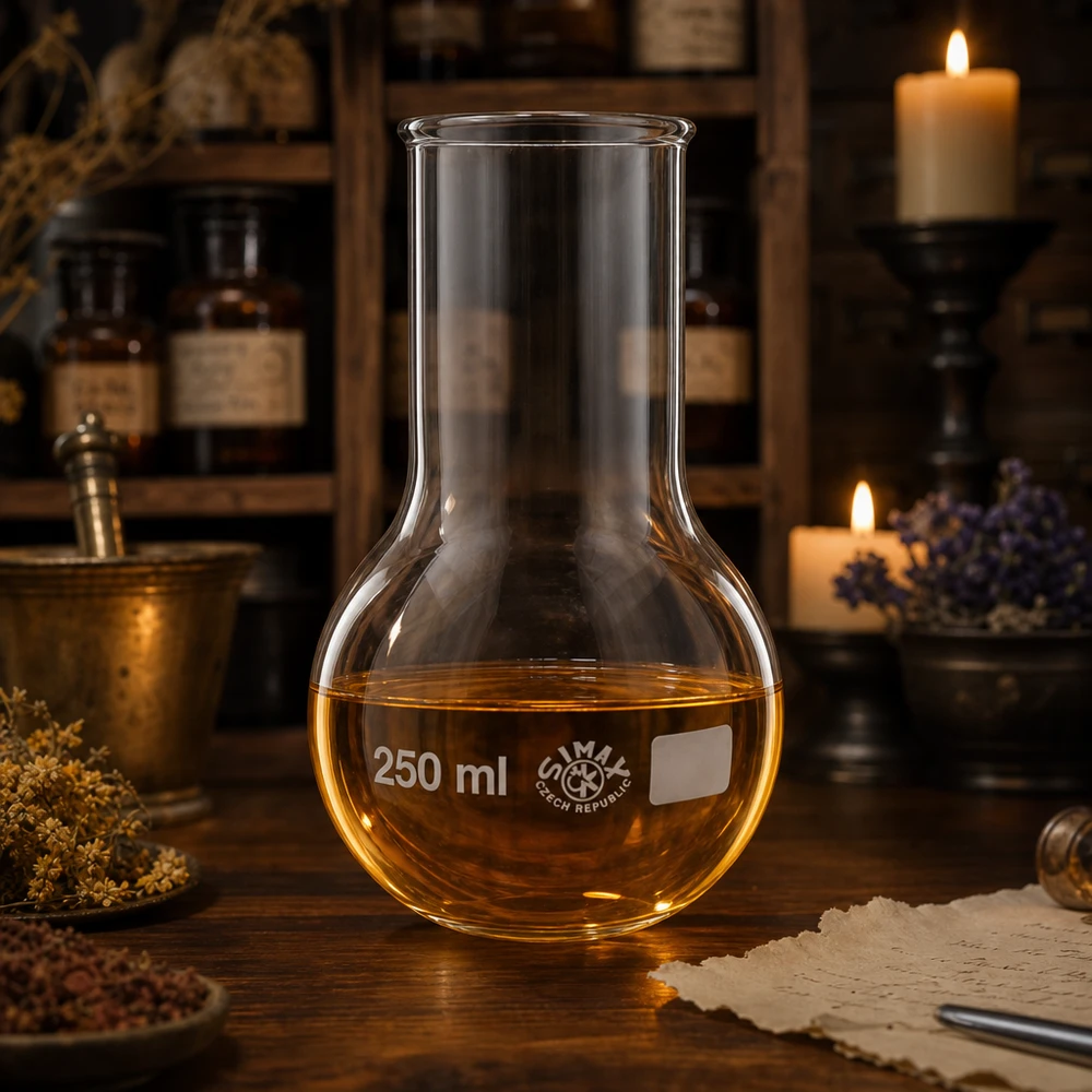 Chemiekolben 250ml Weithals mit amber Inhalt umgeben von getrockneten Kräutern und Kerzen