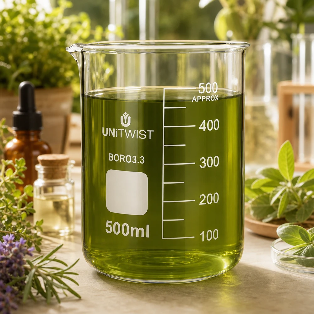 Becherglas 500ml Borosilikat UNiTWIST niedrige Form neben ätherischen Ölen und Kräutern