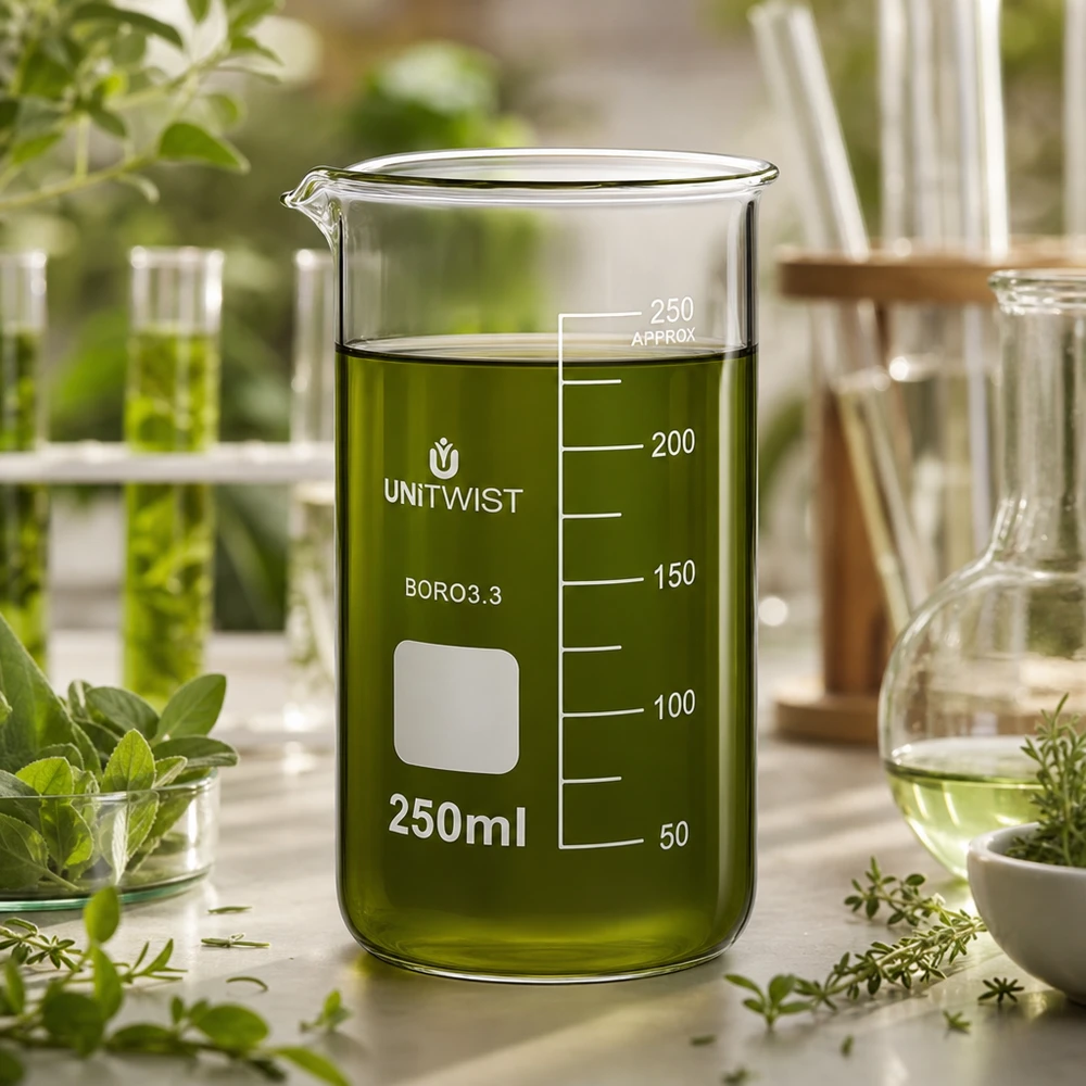 Klares Laborglas UNITWIST 250ml hohe Form mit grünem Naturextrakt auf hellem Labortisch