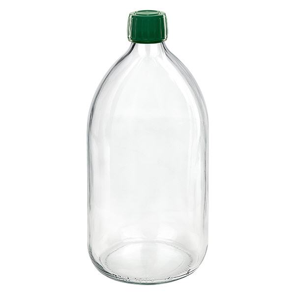 1000ml Medizinflasche klar, Verschluss grün mit Originalitätsring ApoGlas