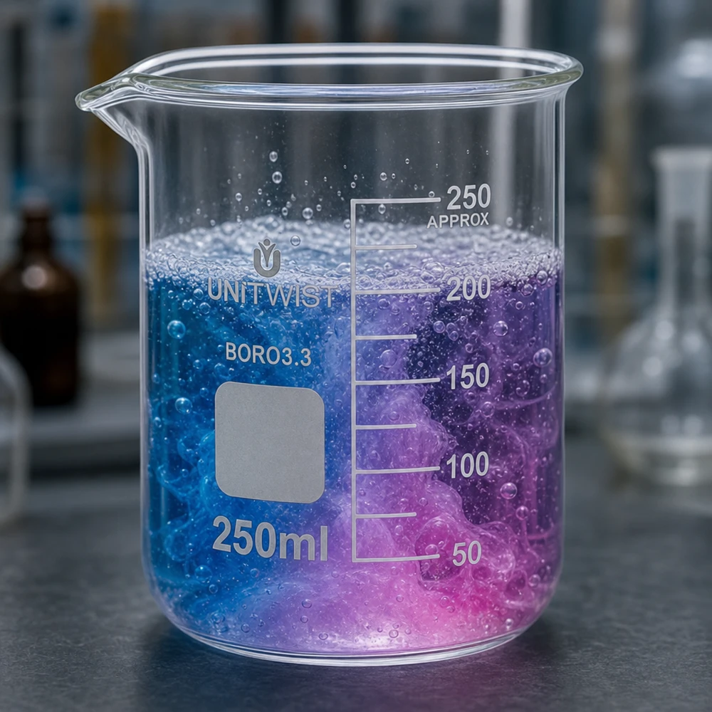 Becherglas 250ml Borosilikat, niedrige Form UNiTWIST UNiTWIST 250ml Becherglas niedrige Form Borosilikat mit Farbreaktion von Blau zu Magenta