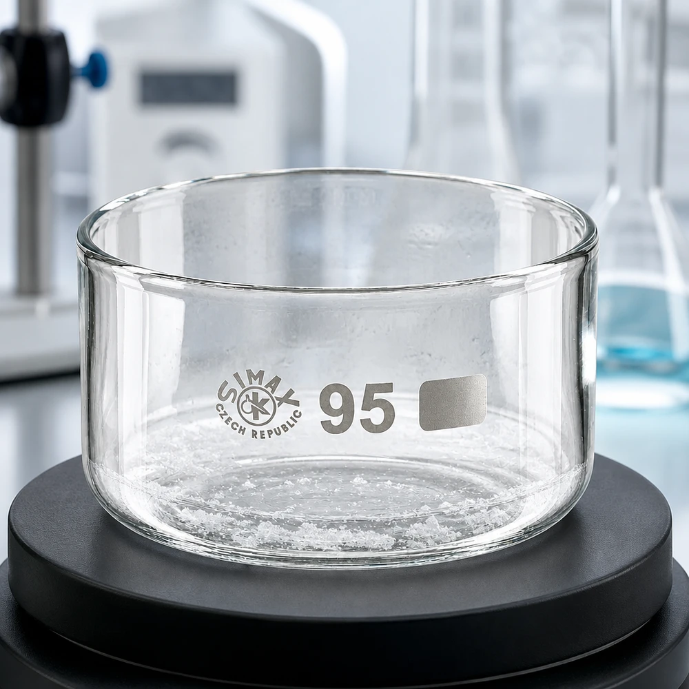 Kristallisierschale ohne Ausguss 300ml Simax auf Analysenwaage Laboraufbau professionelles Glasgerät