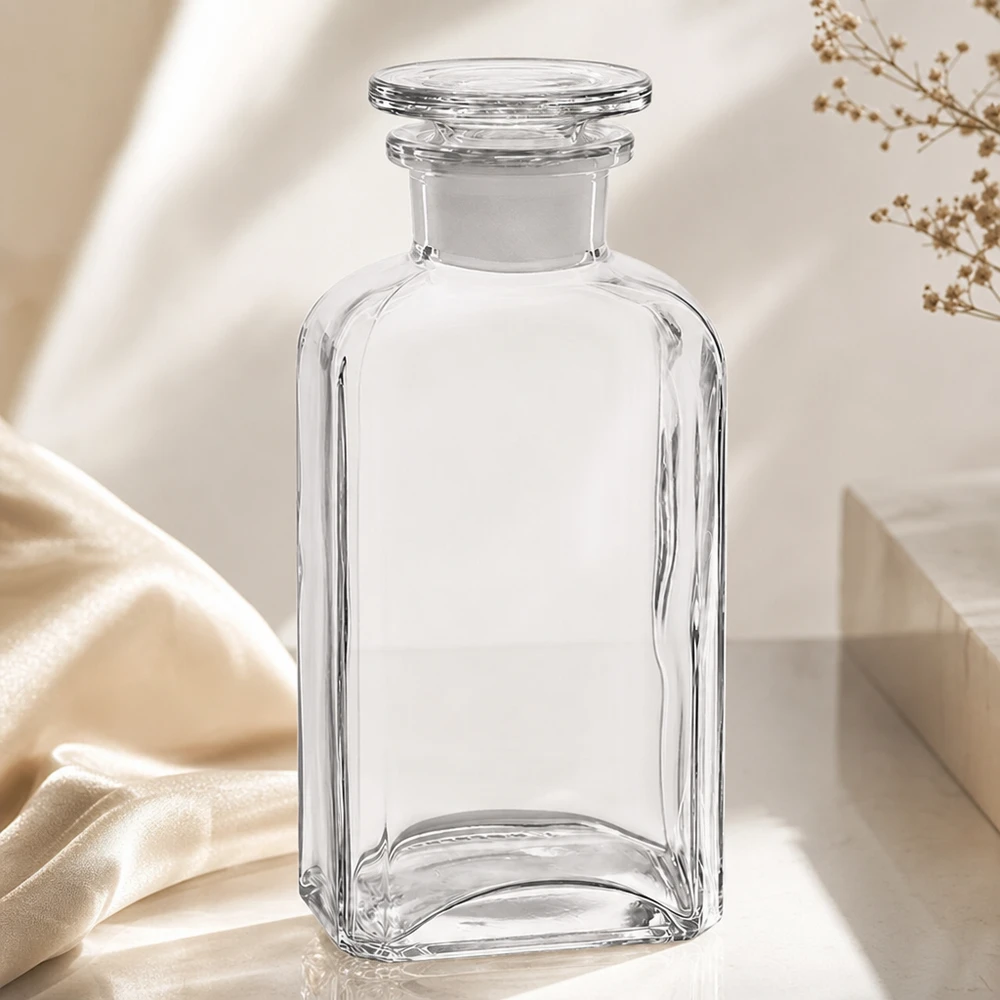 Vierkantflasche 250ml klar Weithals Glasstopfen Dekorative Glasflasche mit Stopfen 250ml viereckig für Parfüm Öle und Flüssigkeiten