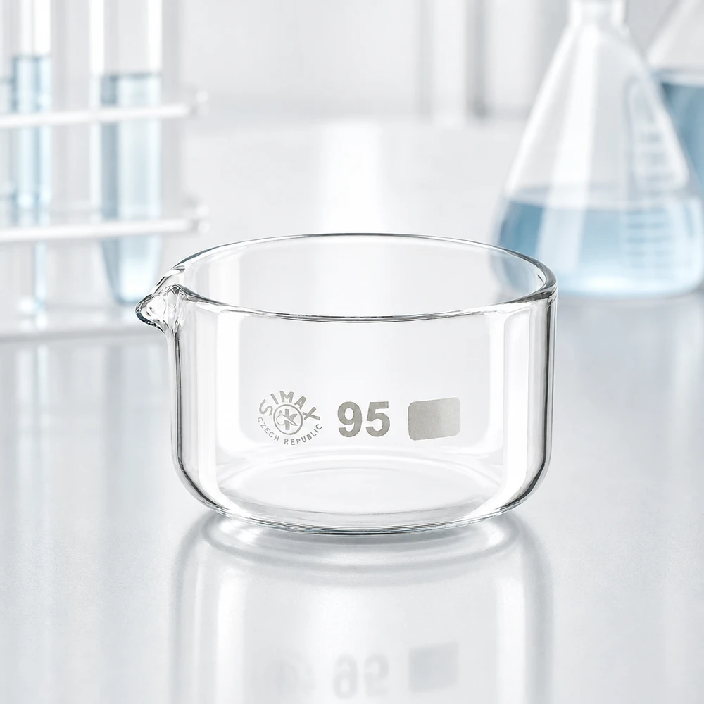 300ml Kristallisierschale mit Ausguss Borosilikat ø95mm Laborschale aus Borosilikatglas 300ml mit Ausguss breite Öffnung geringes Profil SIMAX 95mm