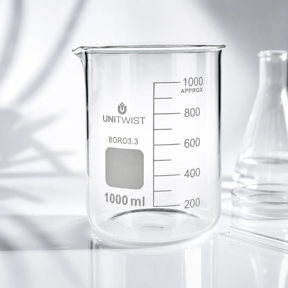 Produktfoto UNiTWIST Becherglas 1000ml Borosilikat niedrige Form mit seitlicher Skala