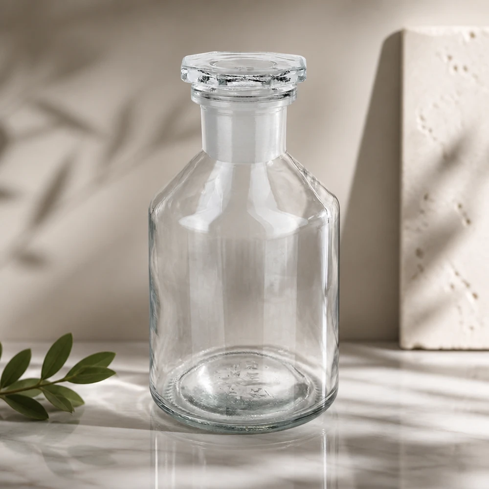 Hochwertige Steilbrustflasche 50ml Enghals Borosilikatglas mit Glasstopfen klar