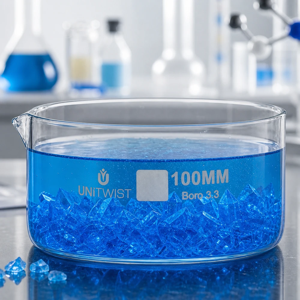 Kristallisierschale ø100mm Borosilikatglas UNiTWIST Kristallisierschale UNiTWIST 100mm niedriges Profil Borosilikatglas Laboranwendung blau