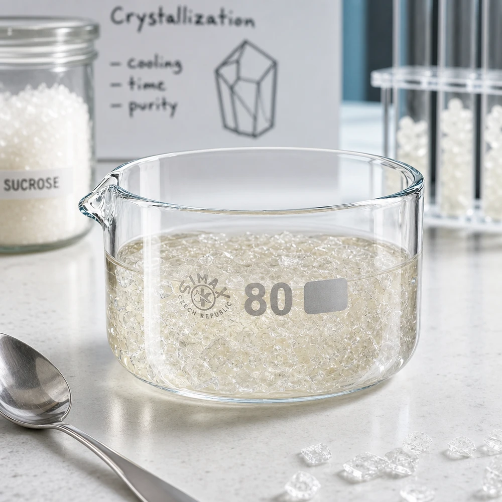 Niedrige zylindrische Kristallisierschale 150ml mit Ausguss und Kristallisationsexperiment ø80mm