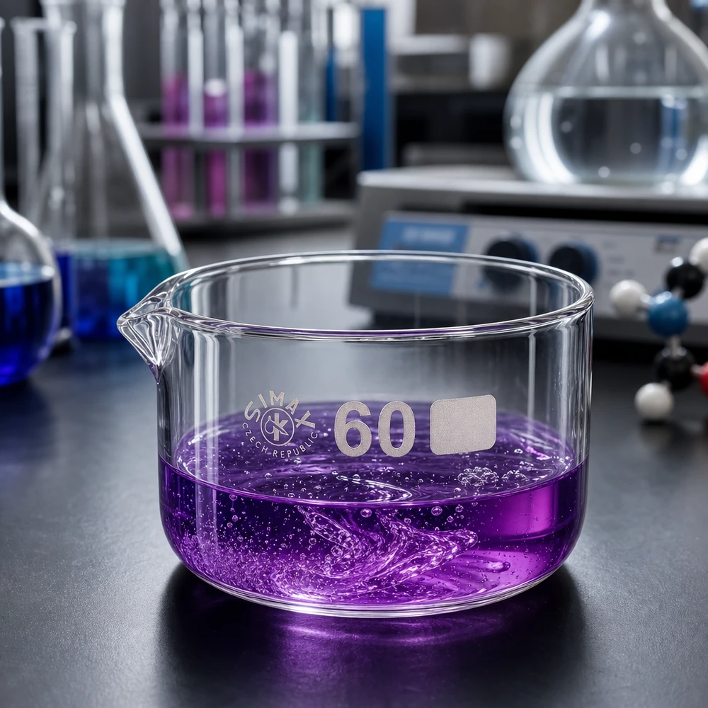 Kristallisierschale 60ml Durchmesser 60mm violette Lösung aktive Reaktion Laborumgebung Glasschale