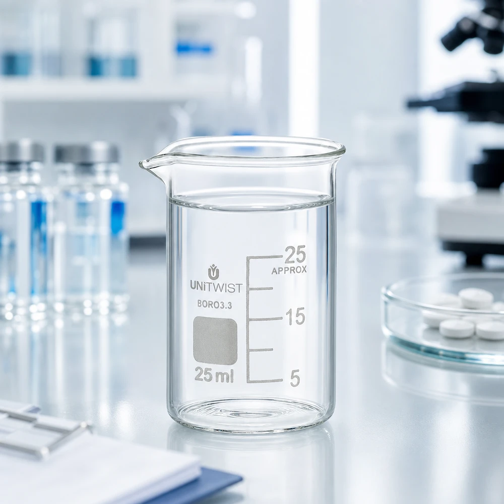 Klares zylindrisches UNiTWIST Becherglas 25ml mit Millimeterskala in modernem wissenschaftlichem Labor