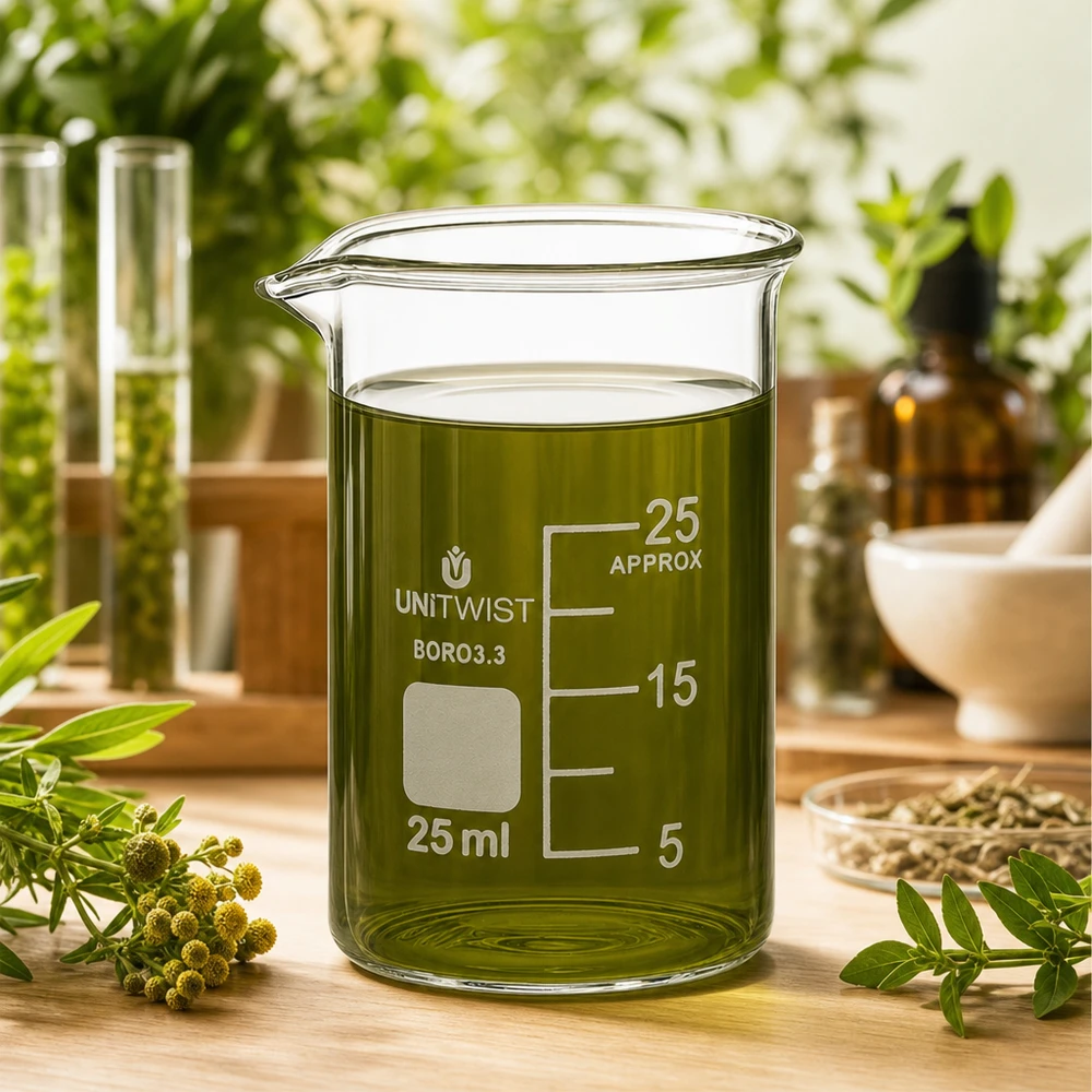 Hitzebeständiges Becherglas 25ml niedriger Form mit Ausguss von UNiTWIST für Kräuterdestillation