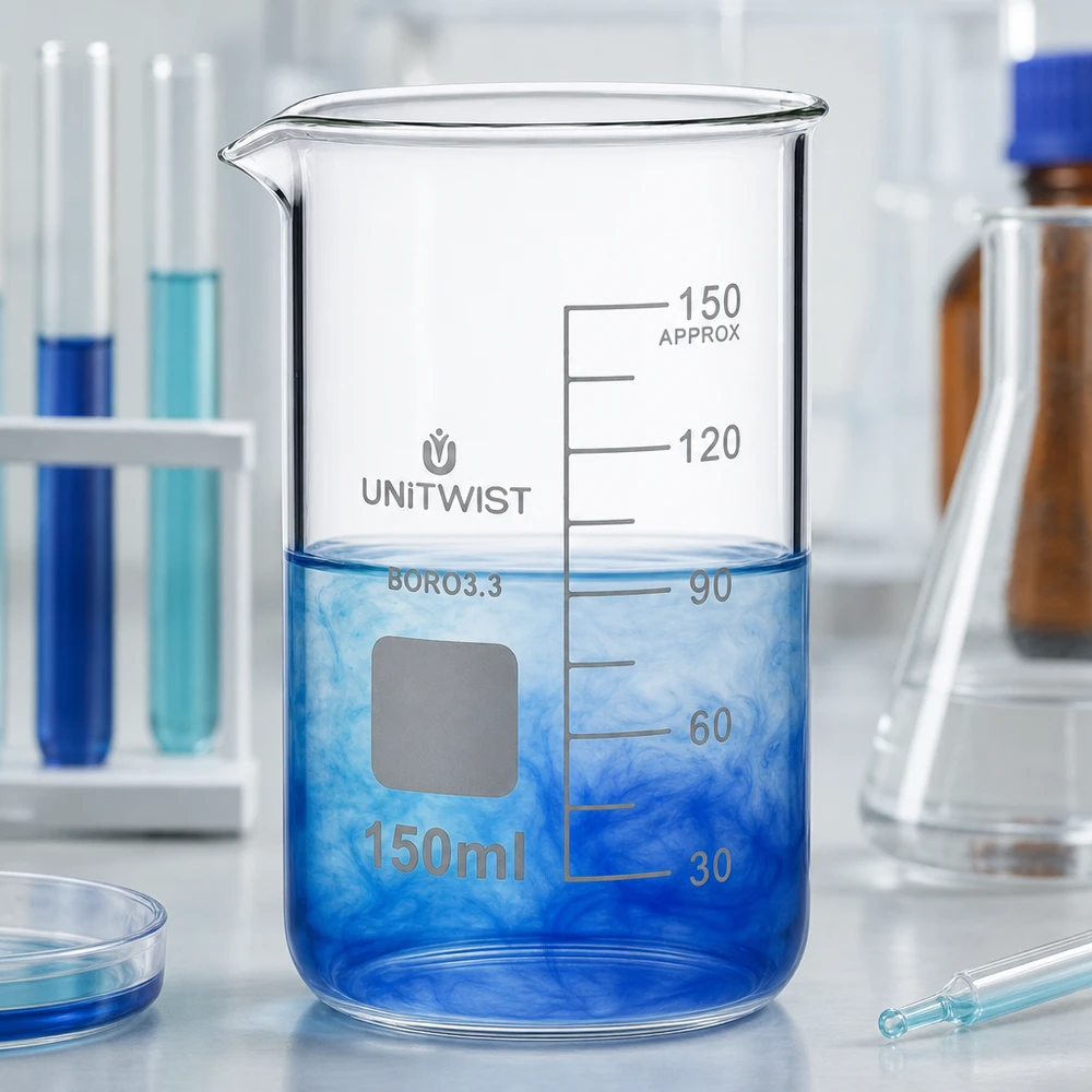 UNITWIST Präzisionsbecherglas 150ml hohe Form Borosilikat mit weißem Beschriftungsfeld und Skala