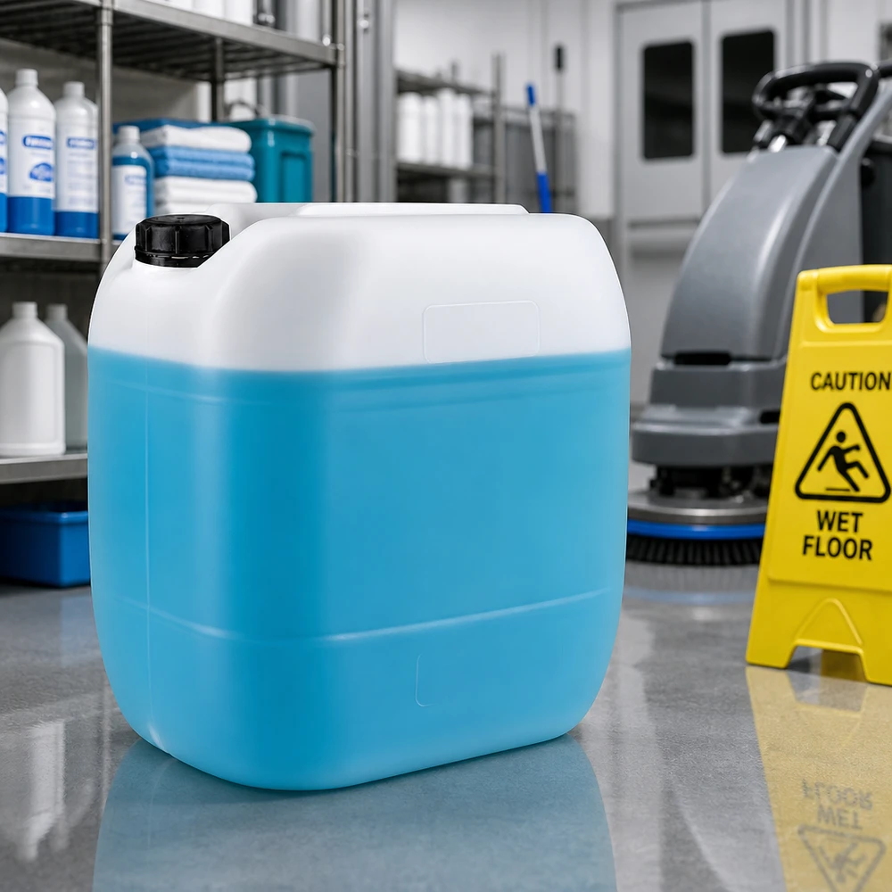 Robuster Lagerkanister 30 Liter mit OV-Schraubverschluss auf reflektierendem Industrieboden